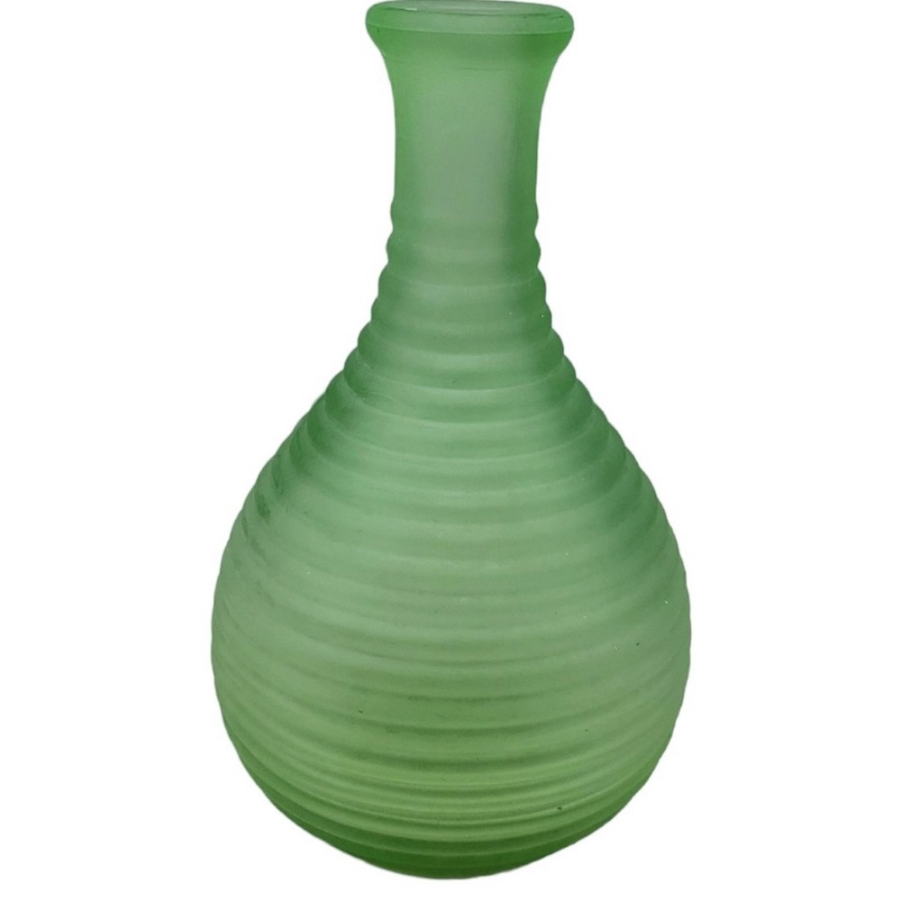 COPY: Vintage Uranium Glass Vase Frigidaire Green Satin Ribbed bottle, 9”, 1930s
